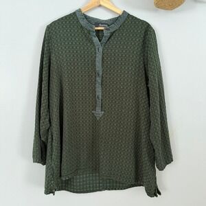 Moonlight Vtg Top Lagenlook Earthy Beachy Olive Green Textured Henley Tunic